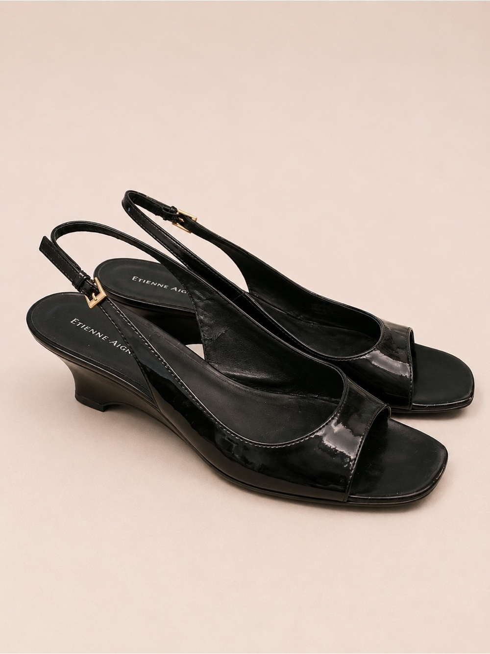 Vintage Etienne Aigner NavyPatent Slingback Peep-Toe Wedges - New W/O Box